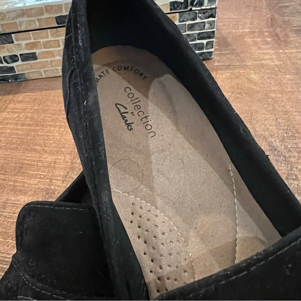 Clarks black suede loafers 11W